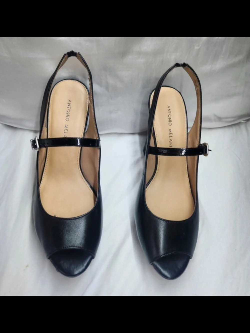 ANTONIO MELANI Black Peep-Toe Slingback Heels with Strap